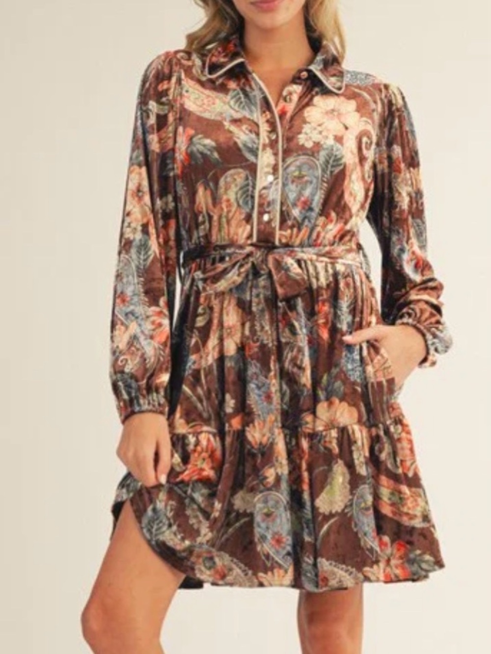 JODIFL Brown Paisley Velvet Tiered Mini Dress